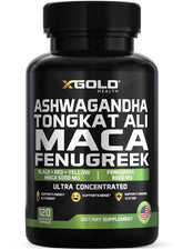 Bottle of Ashwagandha 5000mg + Tongkat Ali 1000mg + Maca Root 5000mg + Fenugreek 3000mg supplement