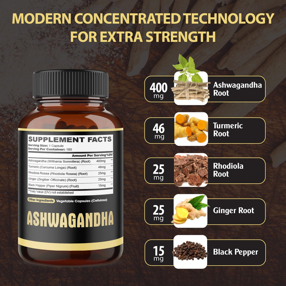 Ingredients close-up featuring Ashwagandha Turmeric Rhodiola Ginger and Black Pepper
