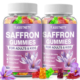 Bottle of ASISTNETY saffron gummies on white background