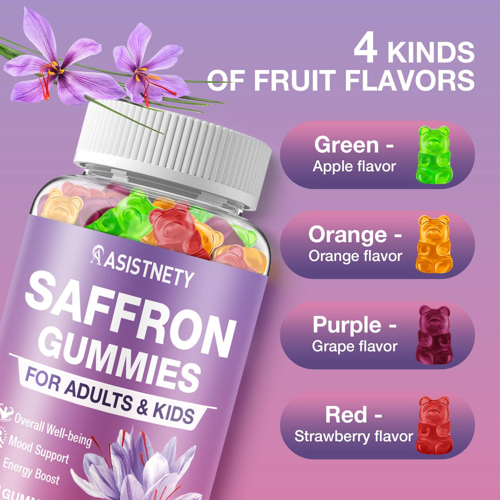 Label highlighting saffron, ashwagandha, St. John's Wort on gummies