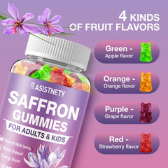 Label highlighting saffron, ashwagandha, St. John's Wort on gummies