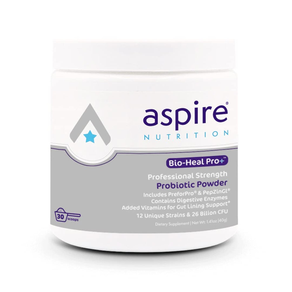 Bio-Heal Pro+ 6-in-1 probiotic powder jar with scoop
