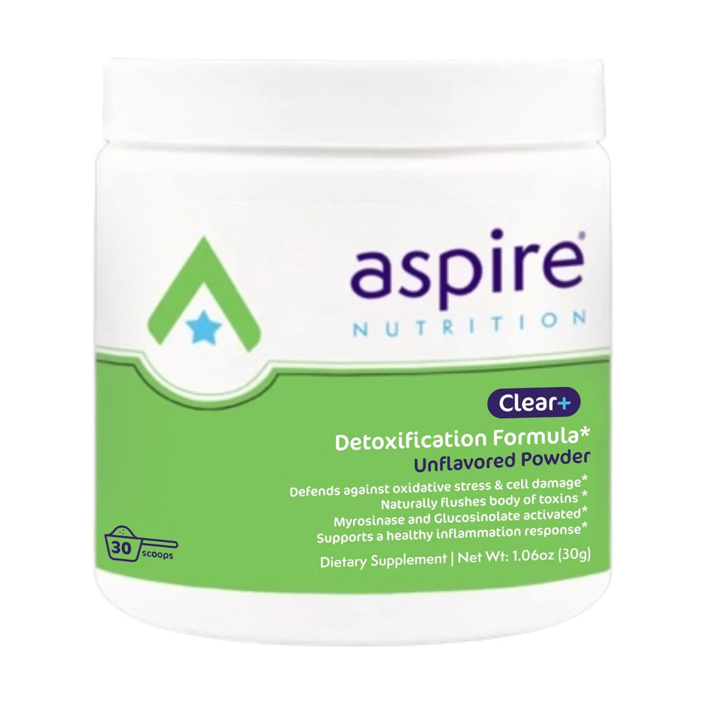 Aspire Nutrition Bio-Clear bottle highlights daily detox support for wellness goals.