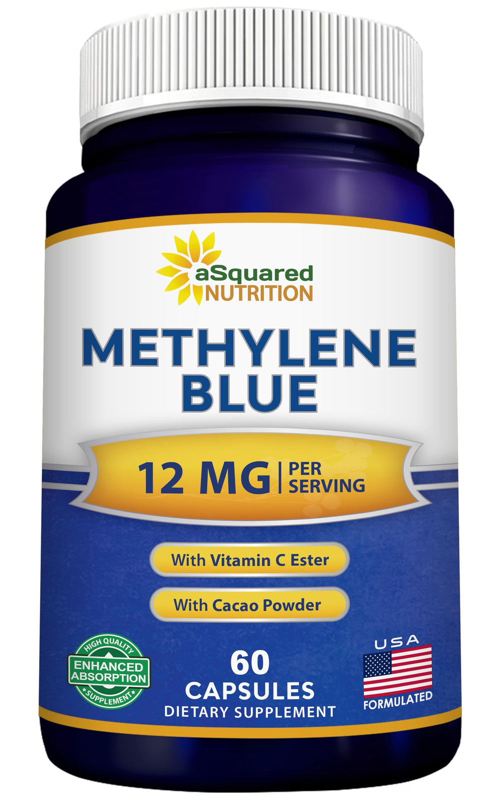 Product bottle and label for asquared nutrition Methylene Blue capsules (12mg, USP grade)