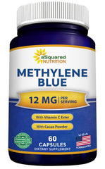 Product bottle and label for asquared nutrition Methylene Blue capsules (12mg, USP grade)