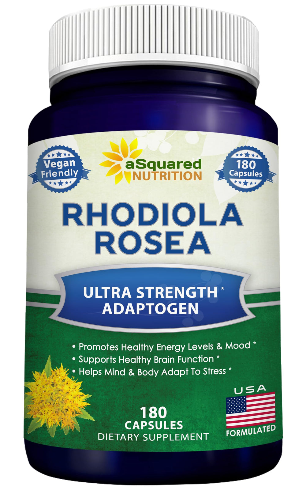 Bottle of aSquared Nutrition Rhodiola Rosea 1000mg vegan capsules