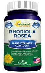 Bottle of aSquared Nutrition Rhodiola Rosea 1000mg vegan capsules