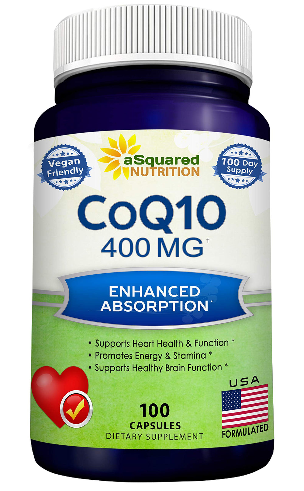 aSquared CoQ10 400mg max strength bottle with 100 veggie capsules