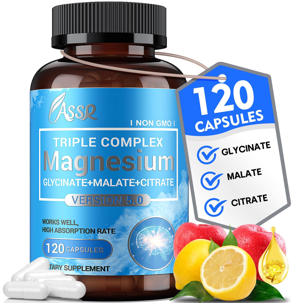 Bottle of ASSR Triple Magnesium Complex showing 120 capsules