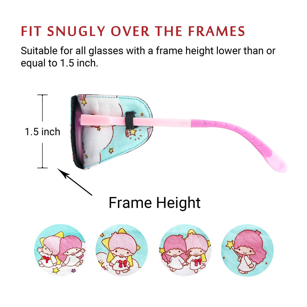 Over-glasses design showing patch fits without pulling on glasses