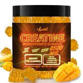 Front view of Asumtal Creatine Monohydrate Gummies bottle with mango flavor