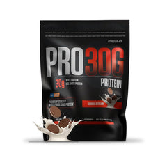 ATHLEAN-RX PRO-30G cookie-cream tub front supports post-workout recovery with premium whey protein