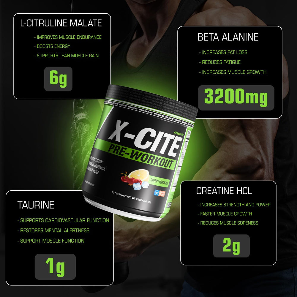 ATHLEAN-RX X-CITE Cherry Lemon Ice flavor close-up with vibrant color and inviting aroma