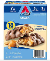 Front view of Atkins Caramel Chocolate Nut Roll snack bars 20-count package