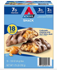Atkins Caramel Chocolate Nut Roll snack bar box with 20-count value pack
