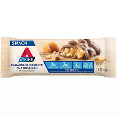 Atkins Caramel Chocolate Nut Roll packaging displaying 20-count value pack