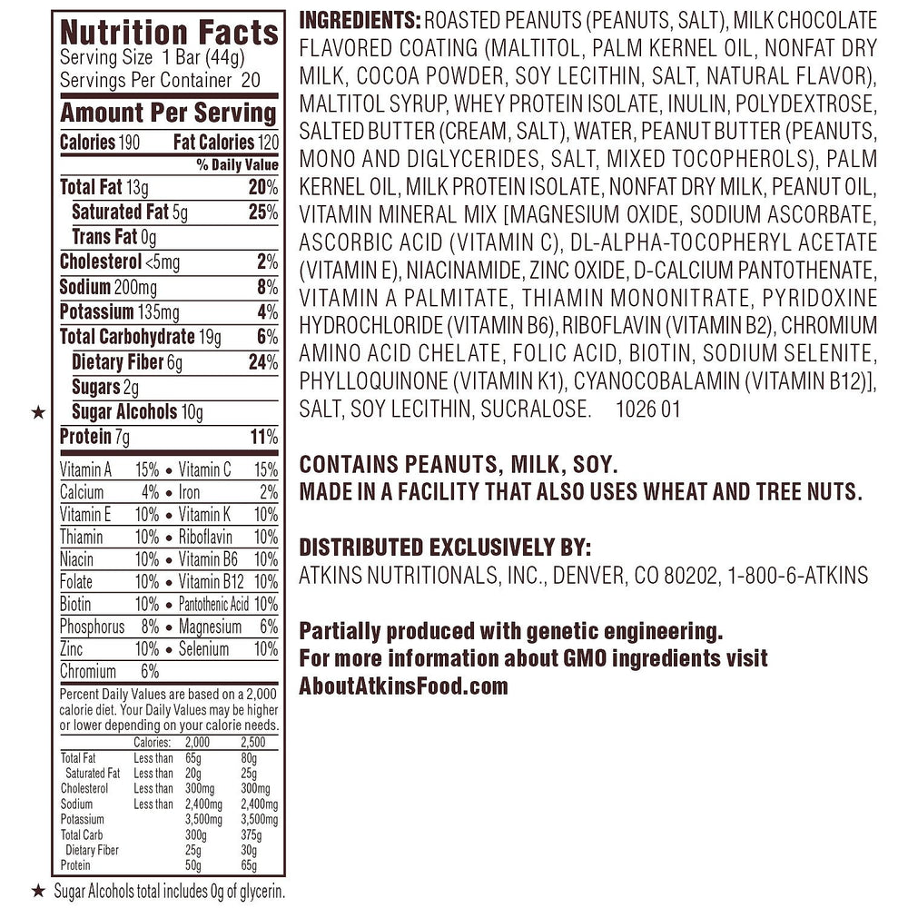 Atkins snack bar closeup—nougat, caramel, and chocolate texture ideal for on-the-go snacking.