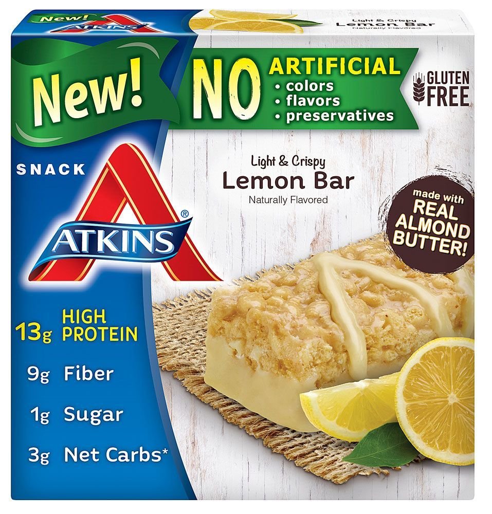 Atkins Snack Light Crispy Lemon Bar pack image highlights convenient five-bar portions for on-the-go snacking