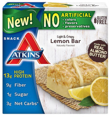 Atkins Snack Light Crispy Lemon Bar pack image highlights convenient five-bar portions for on-the-go snacking