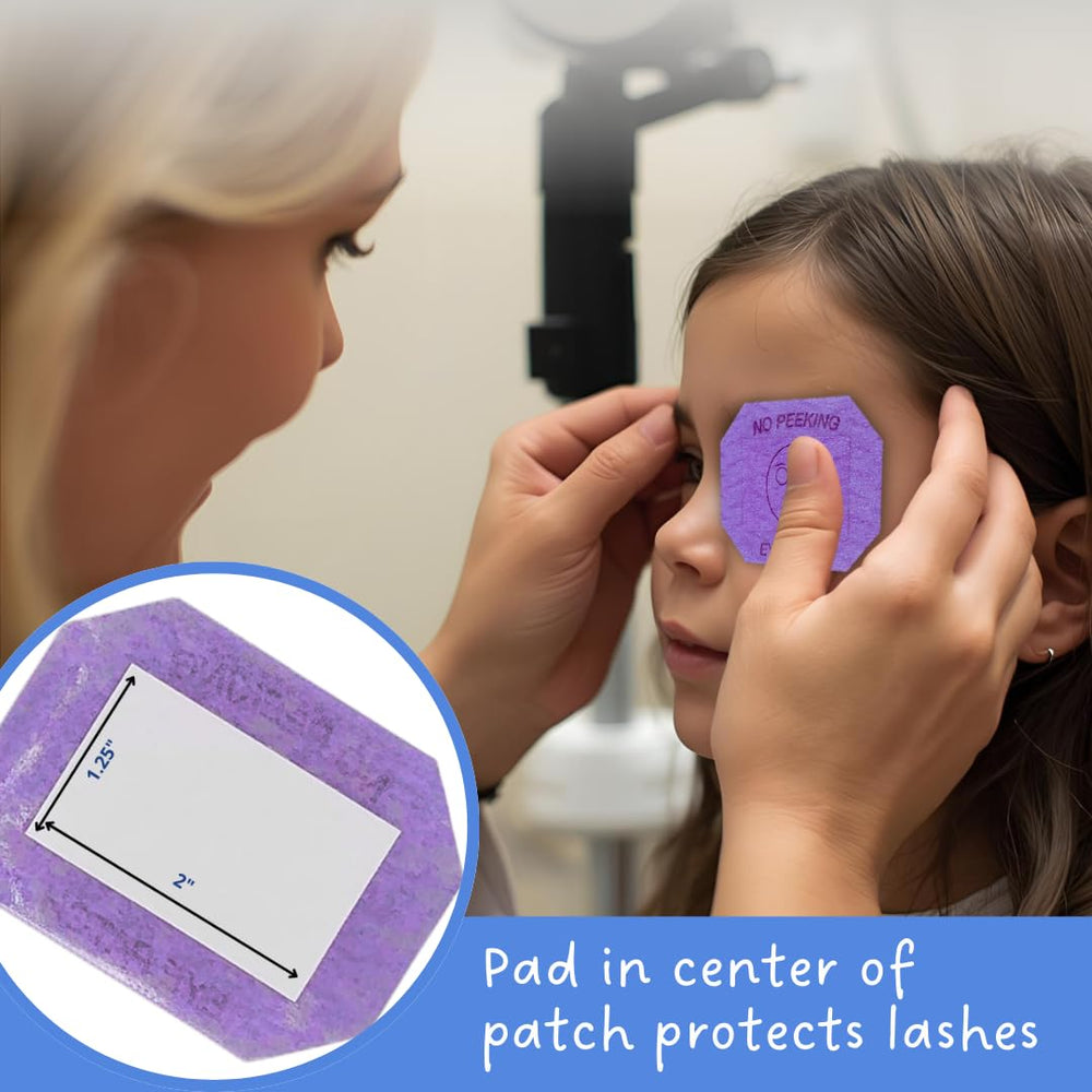 Close-up of purple occluder patch with adhesive