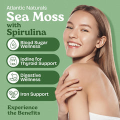 Front view of Atlantic Naturals Sea Moss Spirulina bottle label