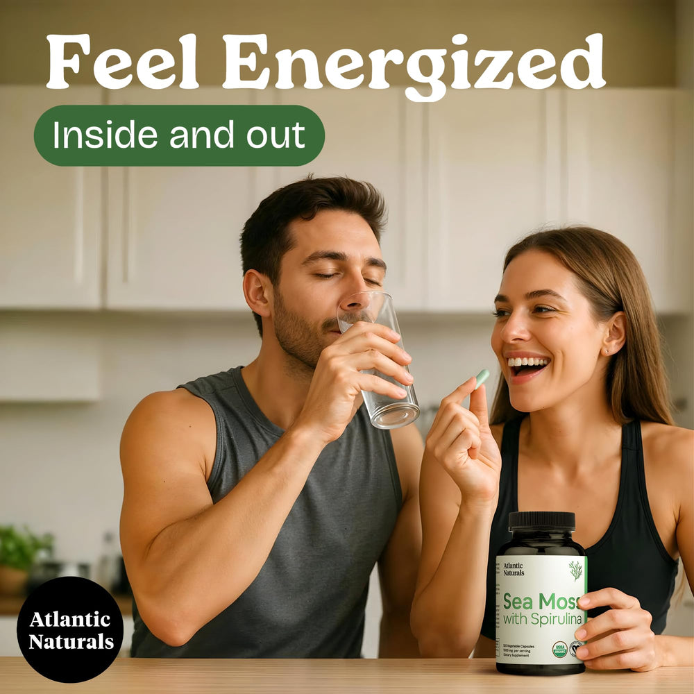Sea moss and spirulina capsules arranged on white background