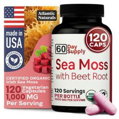 Atlantic Naturals Sea Moss with Beet Root Capsules bottle on a white background