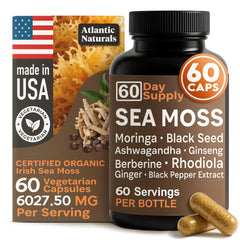Bottle of Atlantic Naturals Sea Moss Capsules with Irish Sea Moss, Black Seed Oil, Ashwagandha and Moringa