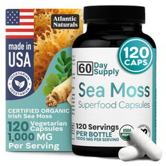 Front view of Atlantic Naturals Sea Moss Capsules bottle with Moringa, Ashwagandha, Black Seed Oil, Ginger & Ginseng