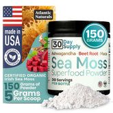 Atlantic Naturals Sea Moss Superfood Powder vanilla flavor in 150g packaging with ashwagandha and maca