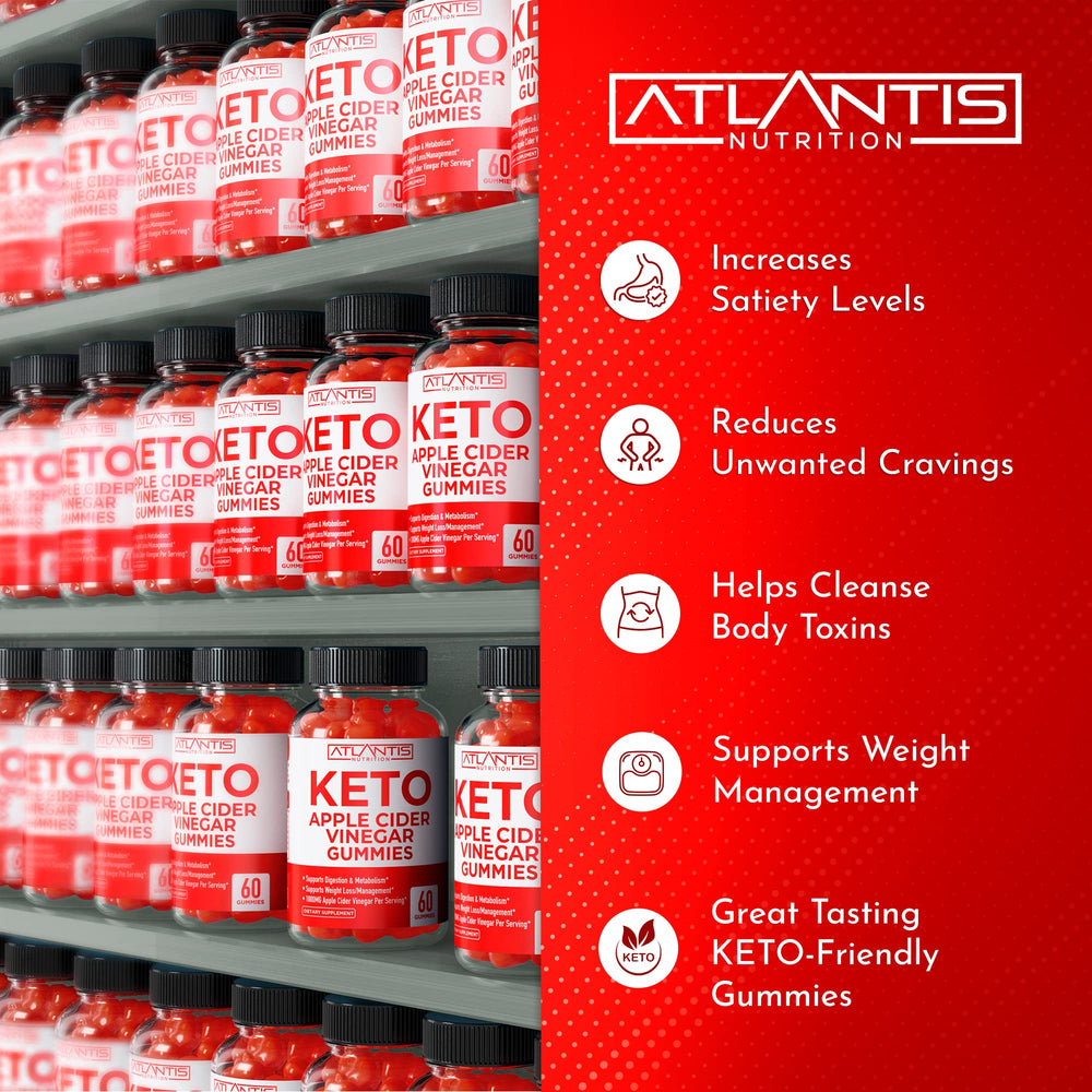 Atlantis Nutrition Keto ACV Gummies serving visual shows chewy texture and dosage context.