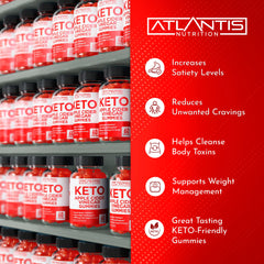 Atlantis Nutrition Keto ACV Gummies serving visual shows chewy texture and dosage context.