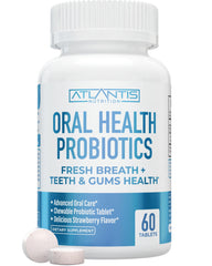 Bottle of Atlantis Nutrition Oral Probiotics chewable tablets with 3 Billion CFU and strawberry flavor.