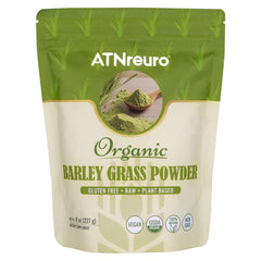 ATNreuro Organic Barley Grass Powder jar with scoop