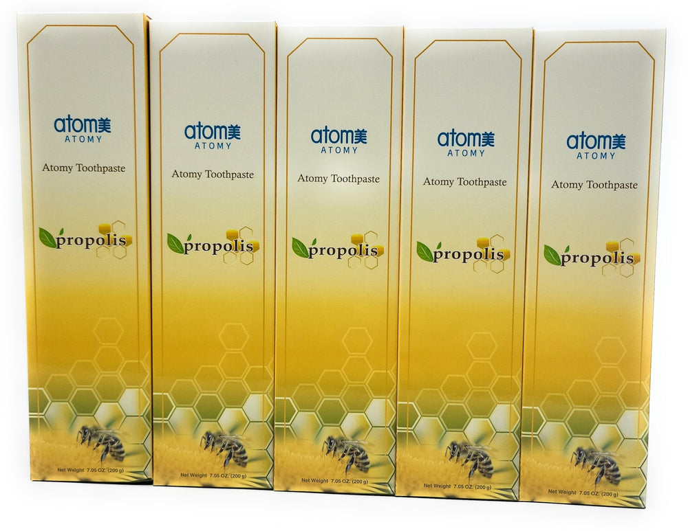 Atomy toothpaste ingredients label featuring propolis and green tea extract