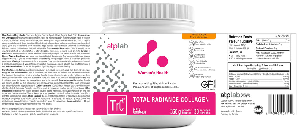 Nutrition panel and ingredients for ATP LAB Total Radiance Collagen Peach Mango 360g