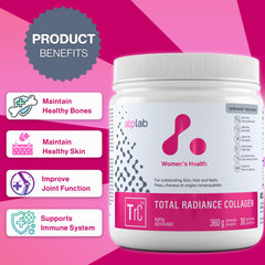 Vegan-friendly Total Radiance Collagen ingredients and packaging