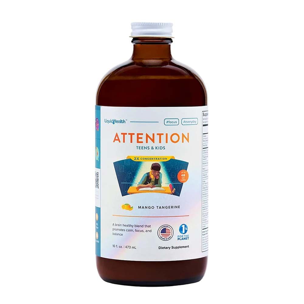 LIQUIDHEALTH Attention liquid multivitamin bottle in Mango Tangerine flavor for kids and teens