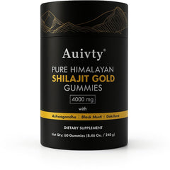 Bottle of Auivty Himalayan Shilajit Gold Gummies on white background