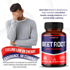AUMETO Ashwagandha Beet Root Capsules close-up highlights endurance support.