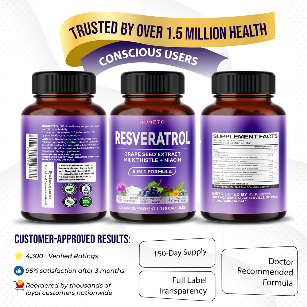 Box and bottle packaging of AUMETO Resveratrol 8 in 1