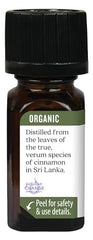 USDA Organic certification label on Aura Cacia Cinnamon Leaf Essential Oil packaging.