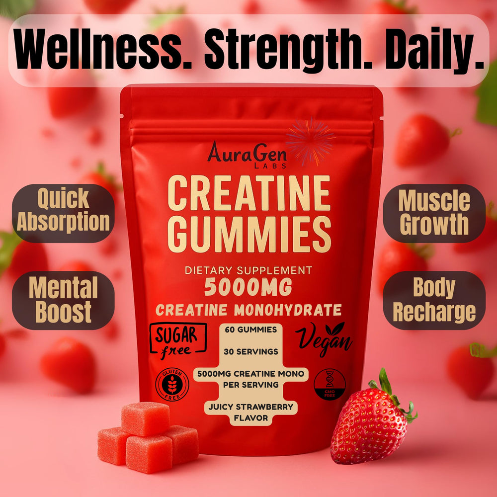 Ingredients and allergen information label for AuraGen Creatine Gummies