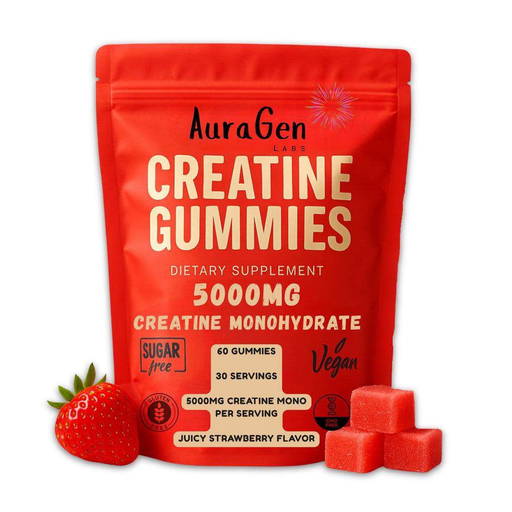 AuraGen Labs Creatine Gummies strawberry flavor pouch on white background