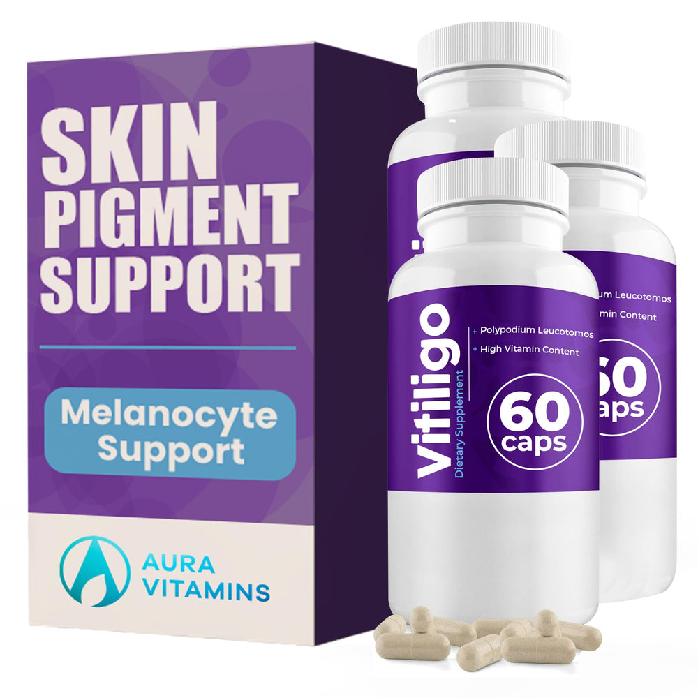 Aura Vitamins Vitiligo Capsules bottle on white background