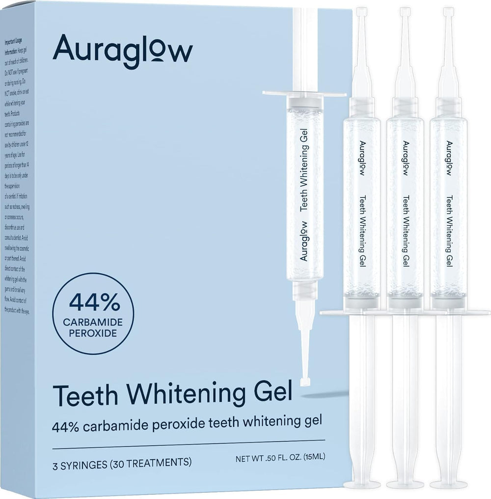 Auraglow 44% teeth whitening gel refill pack front view showing 3 x 5ml syringes