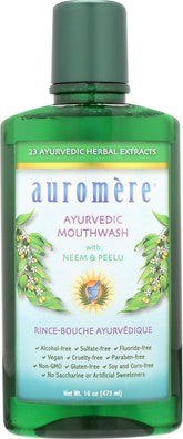 Auromere Ayurvedic Mouthwash bottle front view, 16 oz