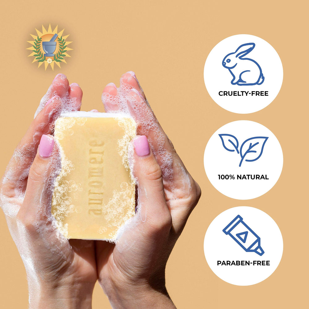 Close-up of three Auromere Ayurvedic soap bars