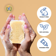 Close-up of three Auromere Ayurvedic soap bars