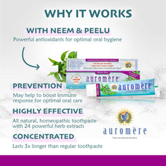 Tube of Auromere Ayurvedic toothpaste labeled Neem & Peelu